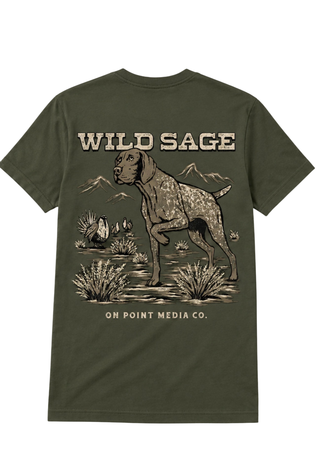An olive green short-sleeve t-shirt shown flat against a white background, featuring a large graphic print on the back with a hunting dog, desert plants, mountains, and the text 'WILD SAGE' and 'OH POINT MEDIA CO.'.